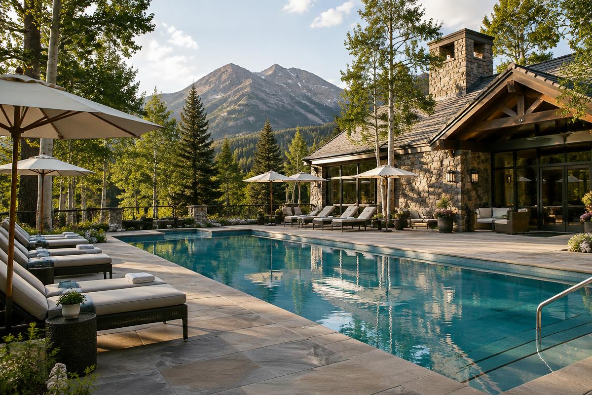 Mountain clubhouse and outdoor pool among aspens
